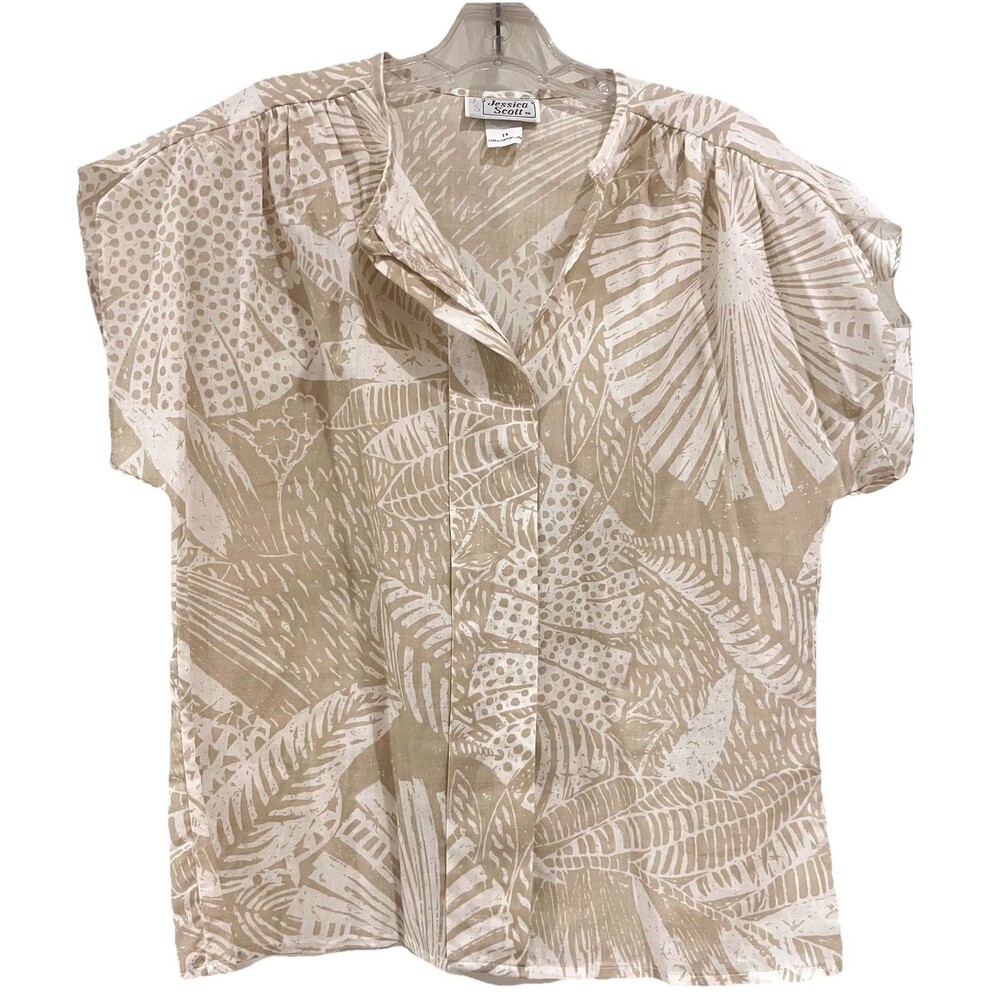 Vintage Sz 14 Jessica Scott Lightweight Botanical Beige Cream Cap Sleeve Blouse